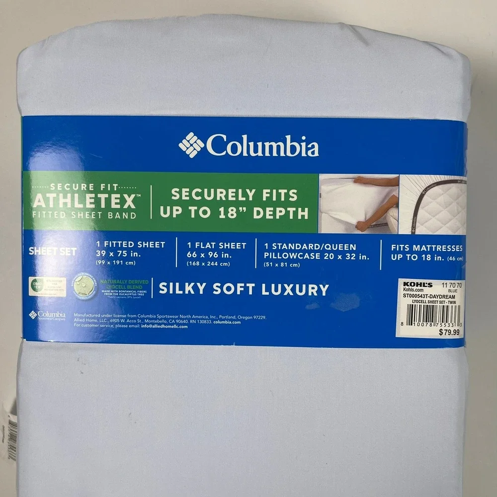 Columbia Silky Soft Luxury Twin Sheet Set Daydream Blue Lyocell Blend 3 Piece